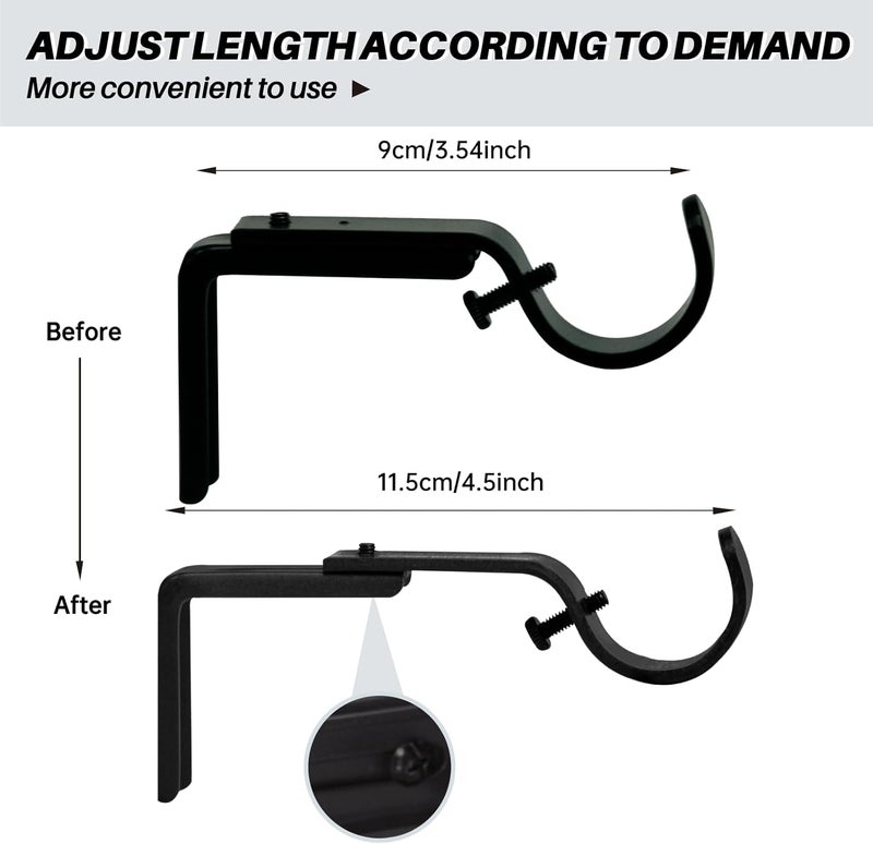 eletriace Curtain Rod Bracket Heavy Duty Adjustable Window Hardware Rod Holders Hanger for 1 inch Rods, Set of 3 (Black - Adjustable) - Image 3